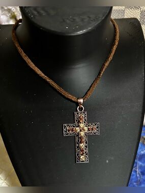 Brown Suede Cord Cross Pendant Necklace with Amber Crystals